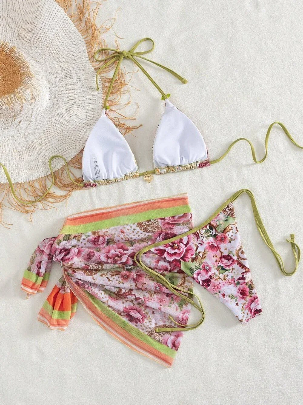 Pink Casual Women's Bikini Elegant Floral Print Halter Tie Sexy Bikini Set
